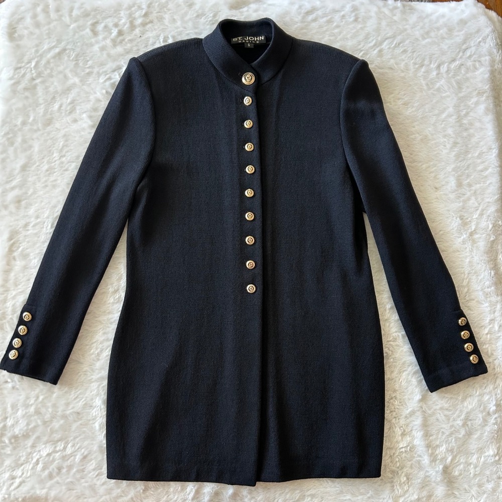 St. John Santana Knit Cardigan Blazer Jacket Sz 6 Black Excellent Gold Buttons